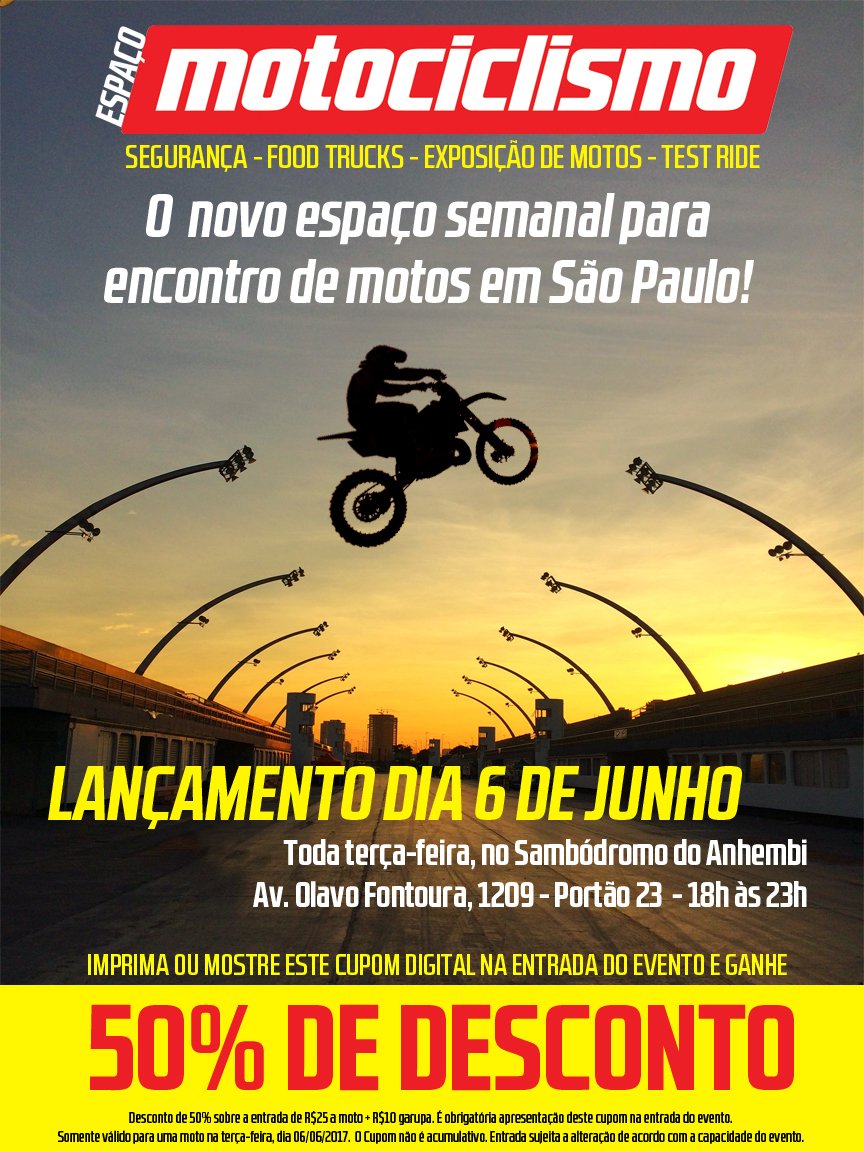 Quem levar esta imagem, tem 50% de desconto na entrada do Espaço Motociclismo